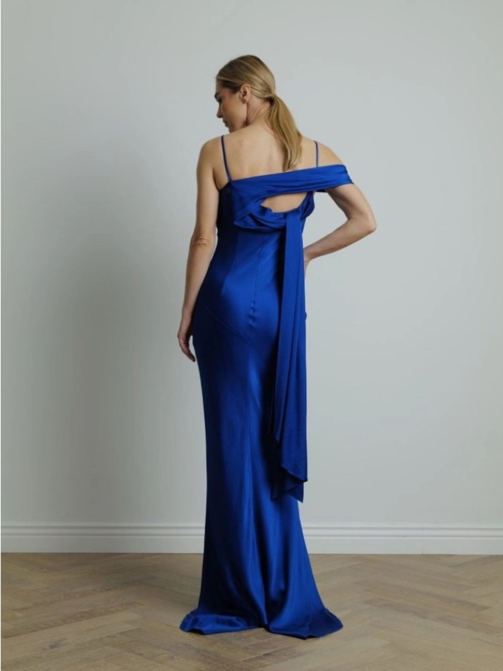 Safiyaa blue satin draped gown